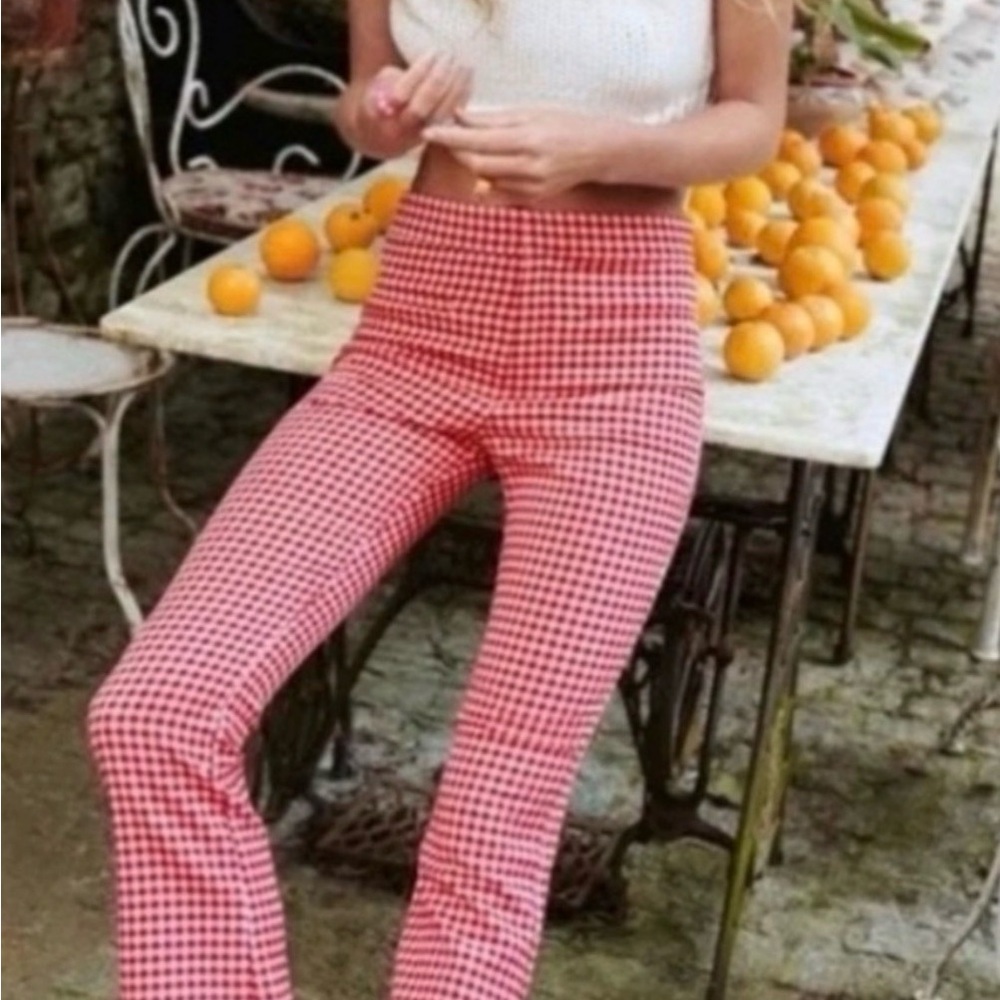 Zara Red Gingham High-Rise Flare Pants